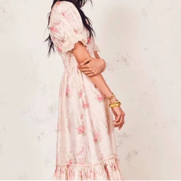 LoveShackFancy Terrence Dress 100% Silk - Pockets Ruffle Hem Puff Sleeve Eyelet - Picture 8 of 17